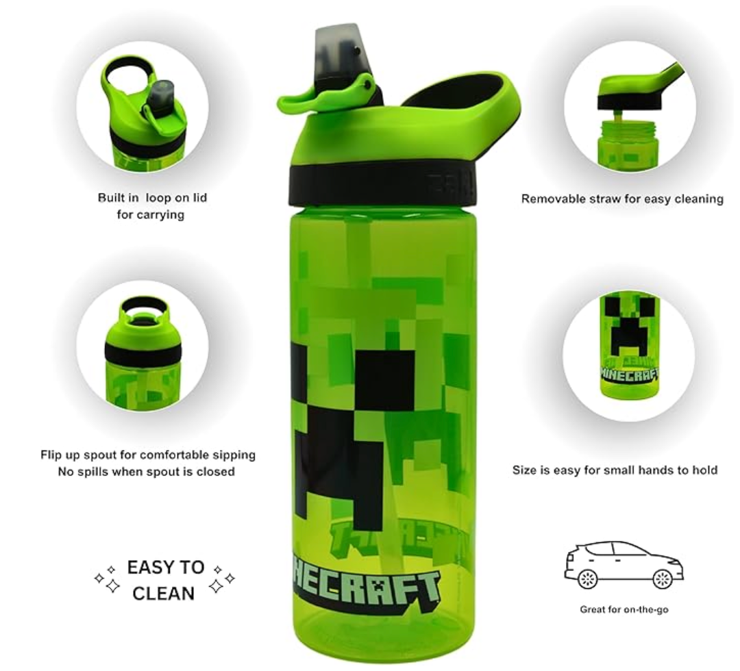 Minecraft Atlantic Creeper Drinks Bottle with Logo | Eco Freindly BPA-free Plastic School Water Bottle with Removable straw, spills Proof | Gift for Minecraft fan | Officially Merch 600ML