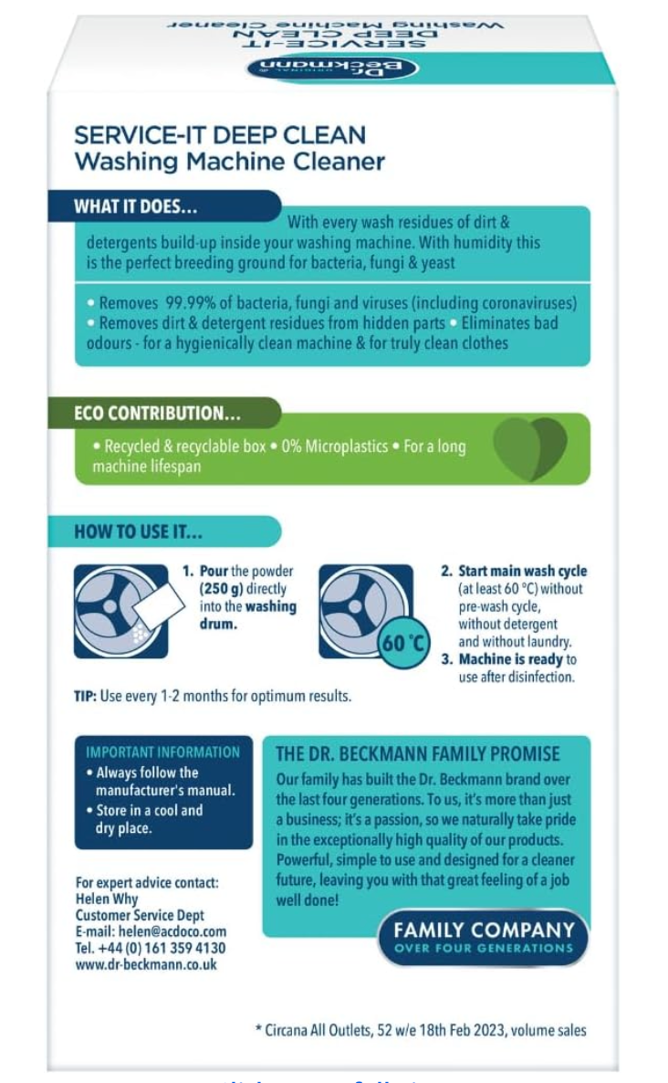 Dr. Beckmann Service-it Deep Clean Washing Machine Cleaner | Removes 99,99 % of bacteria and fungi and viruses | eliminates bad odours | 250 g