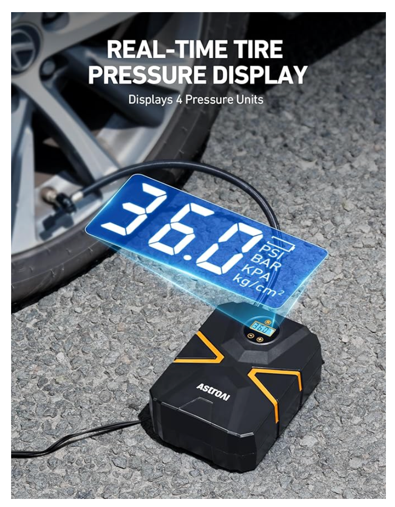 AstroAI Tyre Inflator Air Compressor 12V DC, Digital Car Tyre Pump 150 PSI, Preset Tyre Pressure & Auto Shutoff, Electric Air Pump for Car Tyres, Bicycles, Other Inflatables (Black&Yellow)