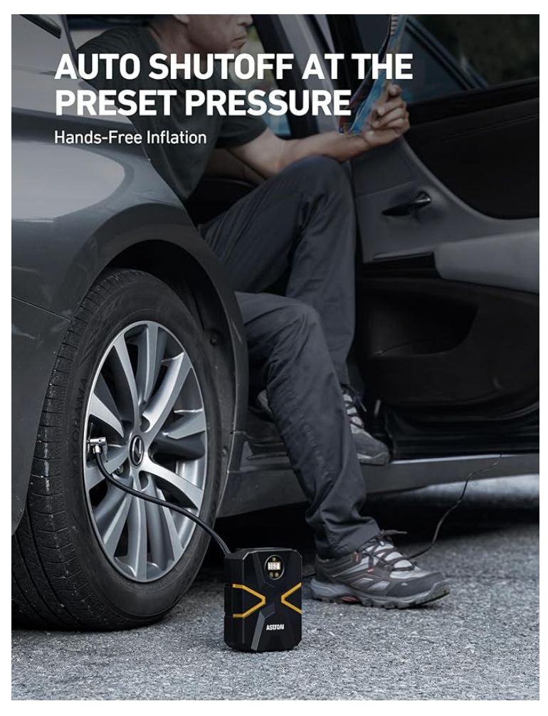 AstroAI Tyre Inflator Air Compressor 12V DC, Digital Car Tyre Pump 150 PSI, Preset Tyre Pressure & Auto Shutoff, Electric Air Pump for Car Tyres, Bicycles, Other Inflatables (Black&Yellow)