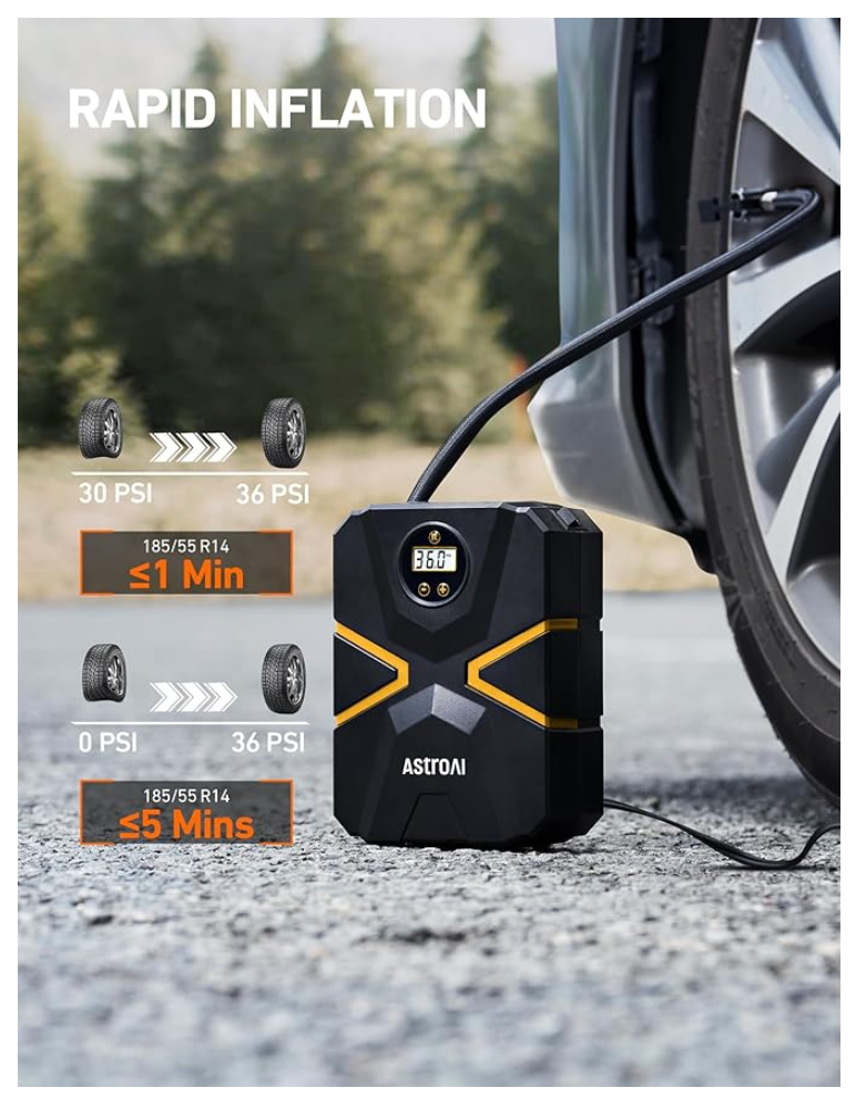 AstroAI Tyre Inflator Air Compressor 12V DC, Digital Car Tyre Pump 150 PSI, Preset Tyre Pressure & Auto Shutoff, Electric Air Pump for Car Tyres, Bicycles, Other Inflatables (Black&Yellow)
