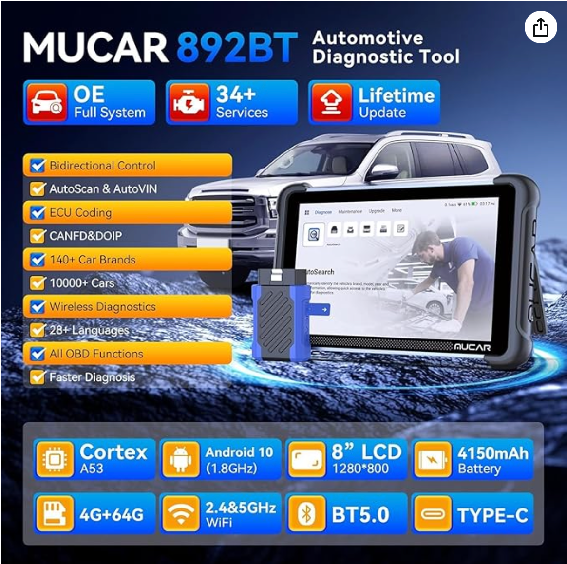 AI-Assisted OBD2 Scanner, MUCAR 892BT Full System Scan Tool, Bi-Directional Car Diagnostic Scanner, ECU Coding, 34 Services, FCA Autoauth, CANFD and DOIP, Free Lifetime Upgrade