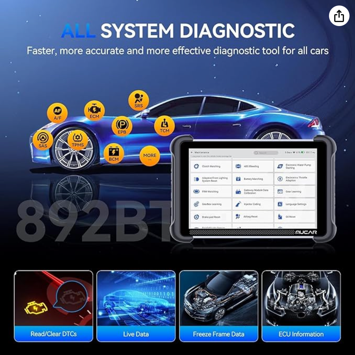 AI-Assisted OBD2 Scanner, MUCAR 892BT Full System Scan Tool, Bi-Directional Car Diagnostic Scanner, ECU Coding, 34 Services, FCA Autoauth, CANFD and DOIP, Free Lifetime Upgrade