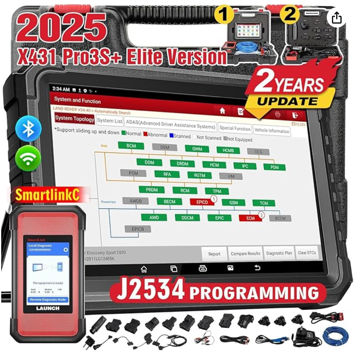 LAUNCH X431 PRO3S+Elite SmartlinkC 2025 Launch Diagnostic Tool Intelligent OE Topology, 50+ Service Full System Bidirectional Car Diagnostic Tool ECU Coding, Active Test, CANFD/DOIP/J2534,2 Yrs Update