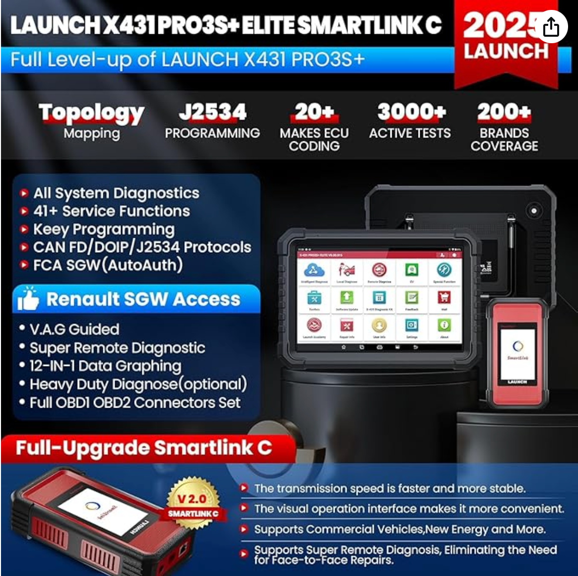 LAUNCH X431 PRO3S+Elite SmartlinkC 2025 Launch Diagnostic Tool Intelligent OE Topology, 50+ Service Full System Bidirectional Car Diagnostic Tool ECU Coding, Active Test, CANFD/DOIP/J2534,2 Yrs Update