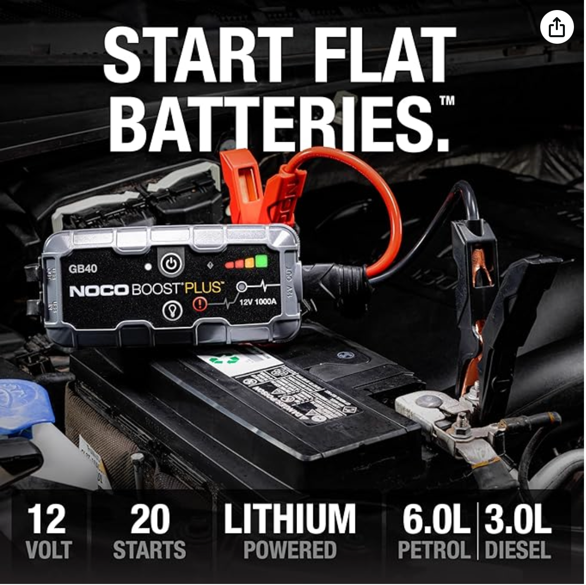 NOCO Boost GB40: 1000A UltraSafe Jump Starter Power Pack – 12V Car Battery Booster, Portable Power Bank & Jump Leads - For 6.0L Petrol and 3.0L Diesel Engines