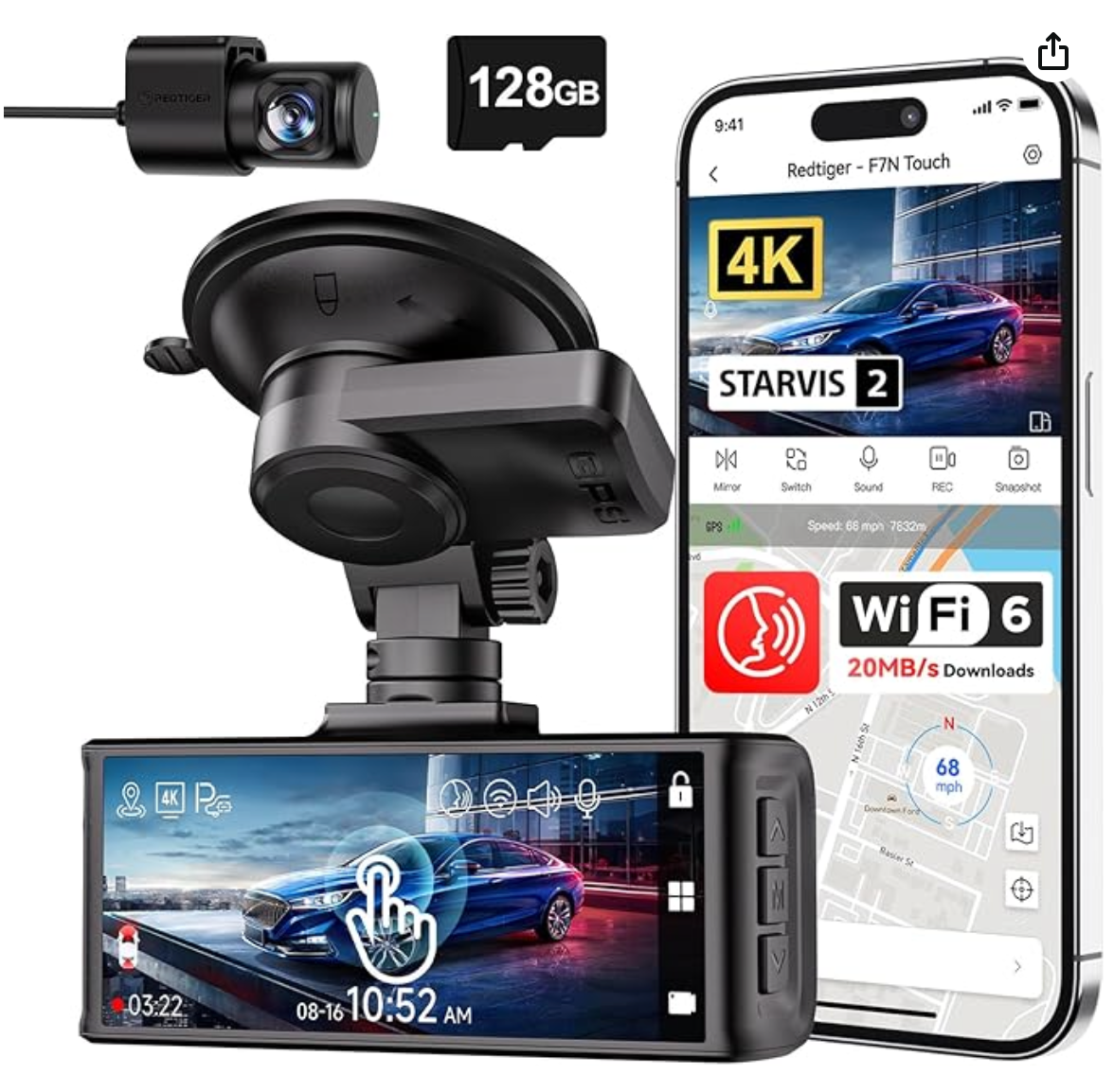 REDTIGER 4K Dash Cam Front and Rear, Touch Screen 3.18 Inch, Voice Control, 5.8GHz WiFi Car Dash Camera with 128GB Card, GPS, UHD 2160P Night Vision, WDR, Emergency Lock, Parking Monitor (F7N Touch)