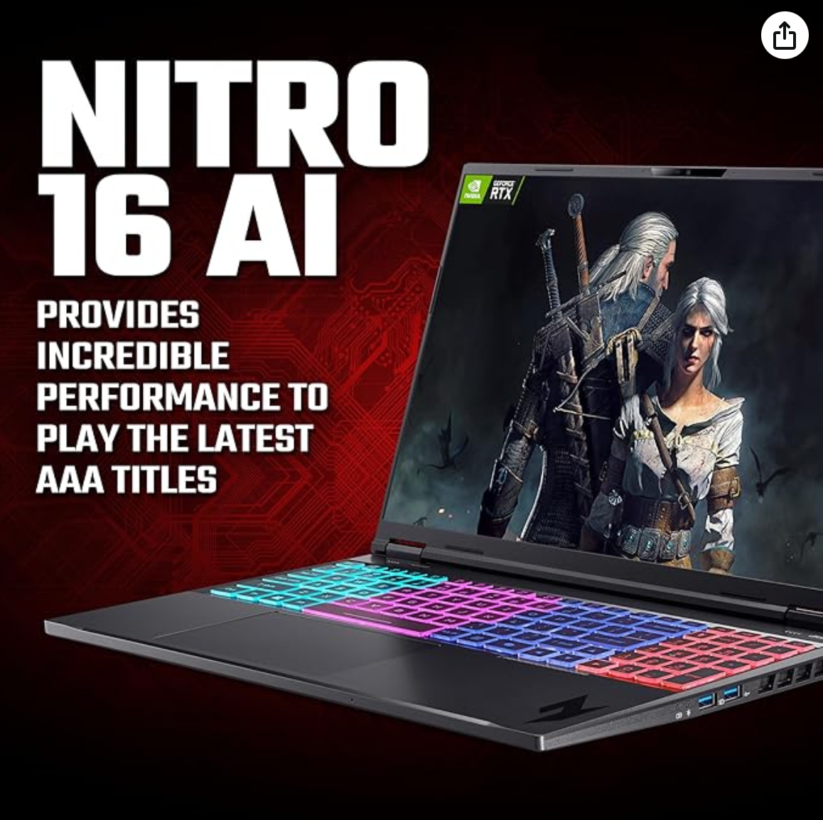 acer Nitro 16 AN16-61 Gaming Laptop - AMD Ryzen AI 7 350, 32GB, 1TB SSD, NVIDIA GeForce RTX 5070Ti, 16" WQXGA 180Hz, Windows 11, Black