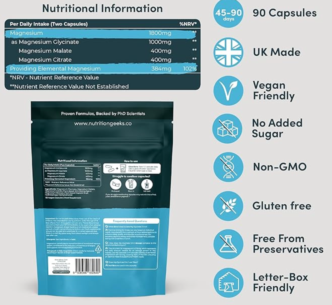 Magnesium Glycinate 3-in-1 Complex - 1800mg Supplements as Bisglycinate, Citrate & Malate 90 Vegan Capsules, Triple High Absorption 384mg Elemental, UK Made (Packaging Design May Vary)